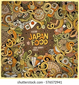 Cartoon hand-drawn doodles Japan food frame. Colorful detailed, with lots of objects vector design background