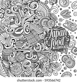 Cartoon hand-drawn doodles Japan food frame. Line art detailed, with lots of objects vector design background