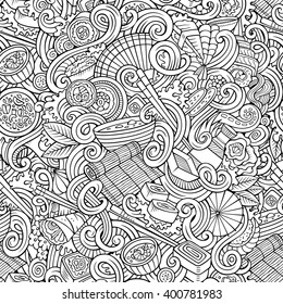 Cartoon hand-drawn doodles japanese cuisine seamless pattern. Line art detailed, with lots of objects vector background