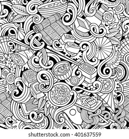 Cartoon hand-drawn doodles japanese cuisine seamless pattern. Line art detailed, with lots of objects vector background