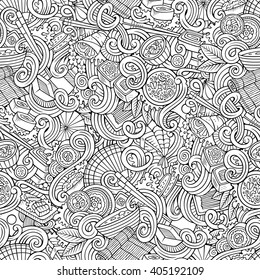 Cartoon hand-drawn doodles japanese cuisine seamless pattern. Line art detailed, with lots of objects vector background