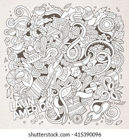 Cartoon hand-drawn doodles Latin American illustration. Line art detailed, with lots of objects vector background