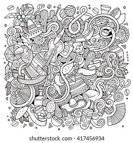 Cartoon hand-drawn doodles Latin American illustration. Line art detailed, with lots of objects vector background