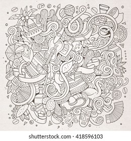Cartoon hand-drawn doodles Latin American illustration. Line art detailed, with lots of objects vector background