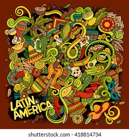Cartoon hand-drawn doodles Latin American illustration. detailed, with lots of objects vector background