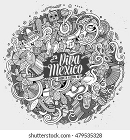 Cartoon hand-drawn doodles Latin American illustration. Line art detailed, with lots of objects vector background