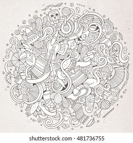 Cartoon hand-drawn doodles Latin American illustration. Line art detailed, with lots of objects vector background