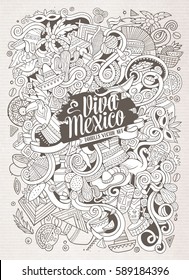 Cartoon hand-drawn doodles Latin American illustration. Line art detailed, with lots of objects vector background