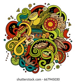 Cartoon hand-drawn doodles Latin American illustration. detailed, with lots of objects vector background