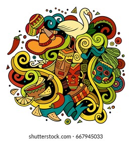 Cartoon hand-drawn doodles Latin American illustration. detailed, with lots of objects vector background