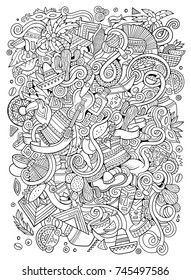 Cartoon hand-drawn doodles Latin American illustration. Line art detailed, with lots of objects vector background