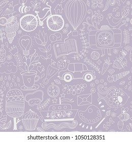 Cartoon hand-drawn doodles in marine style theme, seamless pattern. Colorful vector background