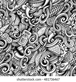 Cartoon hand-drawn doodles Mexican cuisine seamless pattern. Line art trace detailed, with lots of objects vector background