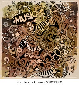 Cartoon hand-drawn doodles Musical illustration. Vintage watercolor detailed, with lots of objects vector background