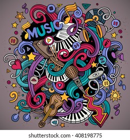 Cartoon hand-drawn doodles Musical illustration. Colorful detailed, with lots of objects vector background