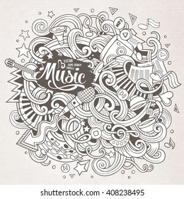 Cartoon hand-drawn doodles Musical illustration. Line art detailed, with lots of objects vector background