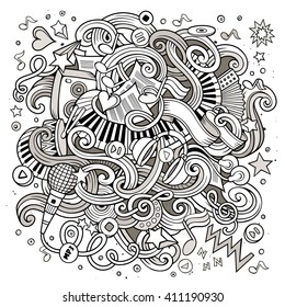 Cartoon hand-drawn doodles Musical illustration. Line art detailed, with lots of objects vector background