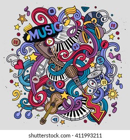 Cartoon hand-drawn doodles Musical illustration. Colorful detailed, with lots of objects vector background
