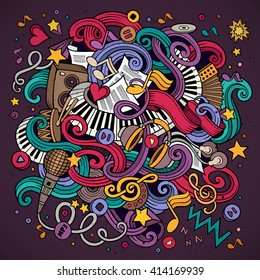 Cartoon hand-drawn doodles Musical illustration. Colorful detailed, with lots of objects vector background