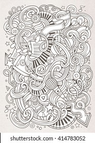 Cartoon hand-drawn doodles Musical illustration. Line art detailed, with lots of objects vector background