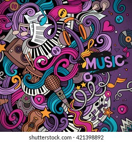 Cartoon hand-drawn doodles Musical illustration. Colorful detailed border, with lots of objects vector background