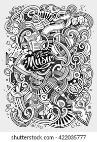 Cartoon hand-drawn doodles Musical illustration. Line art detailed, with lots of objects vector background