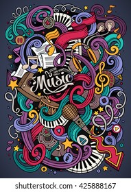 Cartoon hand-drawn doodles Musical illustration. Colorful detailed, with lots of objects vector background