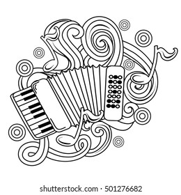 Cartoon hand-drawn doodles Musical illustration. sketch vector background with accordion and abstract objects