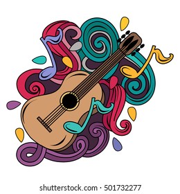 Cartoon hand-drawn doodles Musical illustration. Colorful vector background with guitar and abstract objects