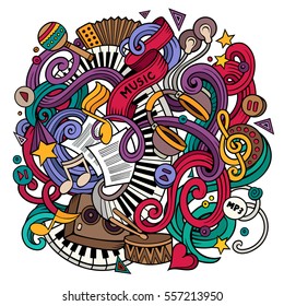 Cartoon hand-drawn doodles Musical illustration. Colorful detailed, with lots of objects vector background