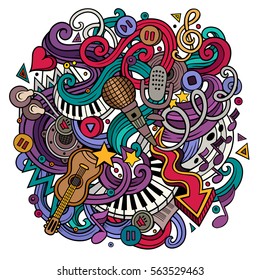 Cartoon hand-drawn doodles Musical illustration. Colorful detailed, with lots of objects vector background 