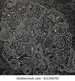 Cartoon hand-drawn doodles nautical, marine illustration. Chalkboard detailed, with lots of objects vector background