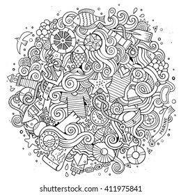 Cartoon hand-drawn doodles nautical, marine illustration. Sketchy detailed, with lots of objects vector background