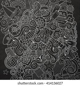 Cartoon hand-drawn doodles nautical, marine illustration. Chalkboard detailed, with lots of objects vector background