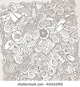Cartoon hand-drawn doodles nautical, marine illustration. Sketchy detailed, with lots of objects vector background