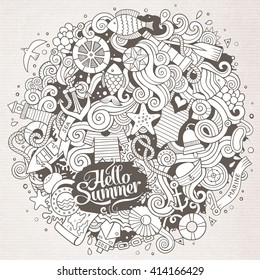 Cartoon hand-drawn doodles nautical, marine illustration. Sketchy detailed, with lots of objects vector background