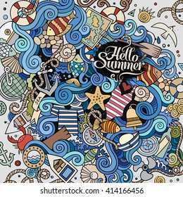 Cartoon hand-drawn doodles nautical, marine illustration. Colorful detailed, with lots of objects vector background. Nautical marine doodle.
