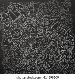Cartoon hand-drawn doodles nautical, marine illustration. Chalkboard detailed, with lots of objects vector background