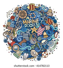 Cartoon hand-drawn doodles nautical, marine illustration. Colorful detailed, with lots of objects vector background