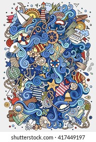Cartoon hand-drawn doodles nautical, marine illustration. Colorful detailed, with lots of objects vector background