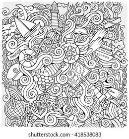 Cartoon hand-drawn doodles nautical, marine illustration. Sketchy detailed, with lots of objects vector background