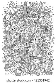 Cartoon hand-drawn doodles nautical, marine illustration. Sketchy detailed, with lots of objects vector background