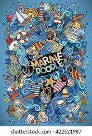 Cartoon hand-drawn doodles nautical, marine illustration. Colorful detailed, with lots of objects vector background