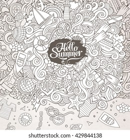 Cartoon hand-drawn doodles nautical, marine illustration. Sketchy detailed, with lots of objects vector background