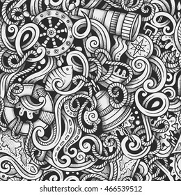 Cartoon hand-drawn doodles Nautical and Marine seamless pattern. Line art trace detailed, with lots of objects vector background