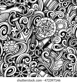 Cartoon hand-drawn doodles Nautical and Marine seamless pattern. Line art trace detailed, with lots of objects vector background