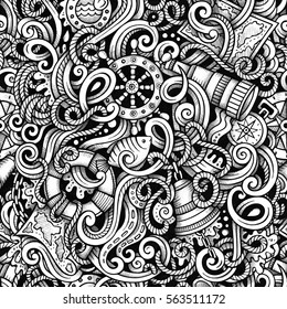 Cartoon hand-drawn doodles Nautical and Marine seamless pattern. Line art trace detailed, with lots of objects vector background 