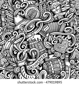 Cartoon hand-drawn doodles Octoberfest seamless pattern. Line art trace detailed, with lots of objects vector background