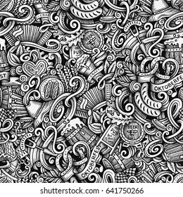 Cartoon hand-drawn doodles Octoberfest seamless pattern. Line art trace detailed, with lots of objects vector background