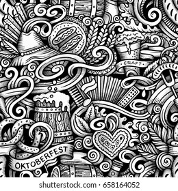 Cartoon hand-drawn doodles Octoberfest seamless pattern. Line art trace detailed, with lots of objects vector background